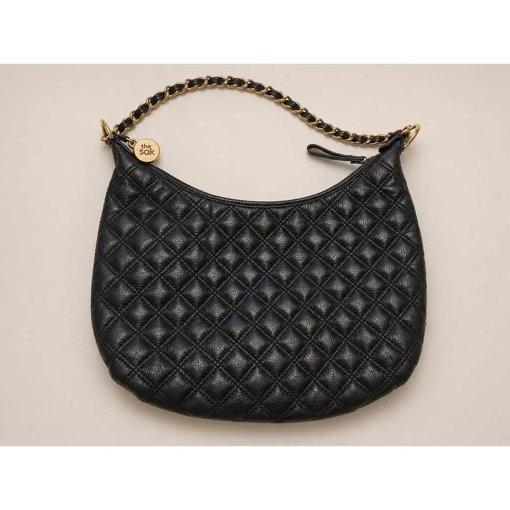 The Sak Pink Label Black Quilted Leather Hobo Shoulder Bag Gold Chain Y2K Boho